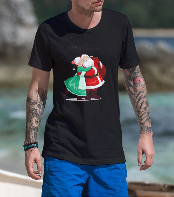 Merry Christmas Santa Claus And Mrs. Claus Embracing Holiday Scene T-Shirt