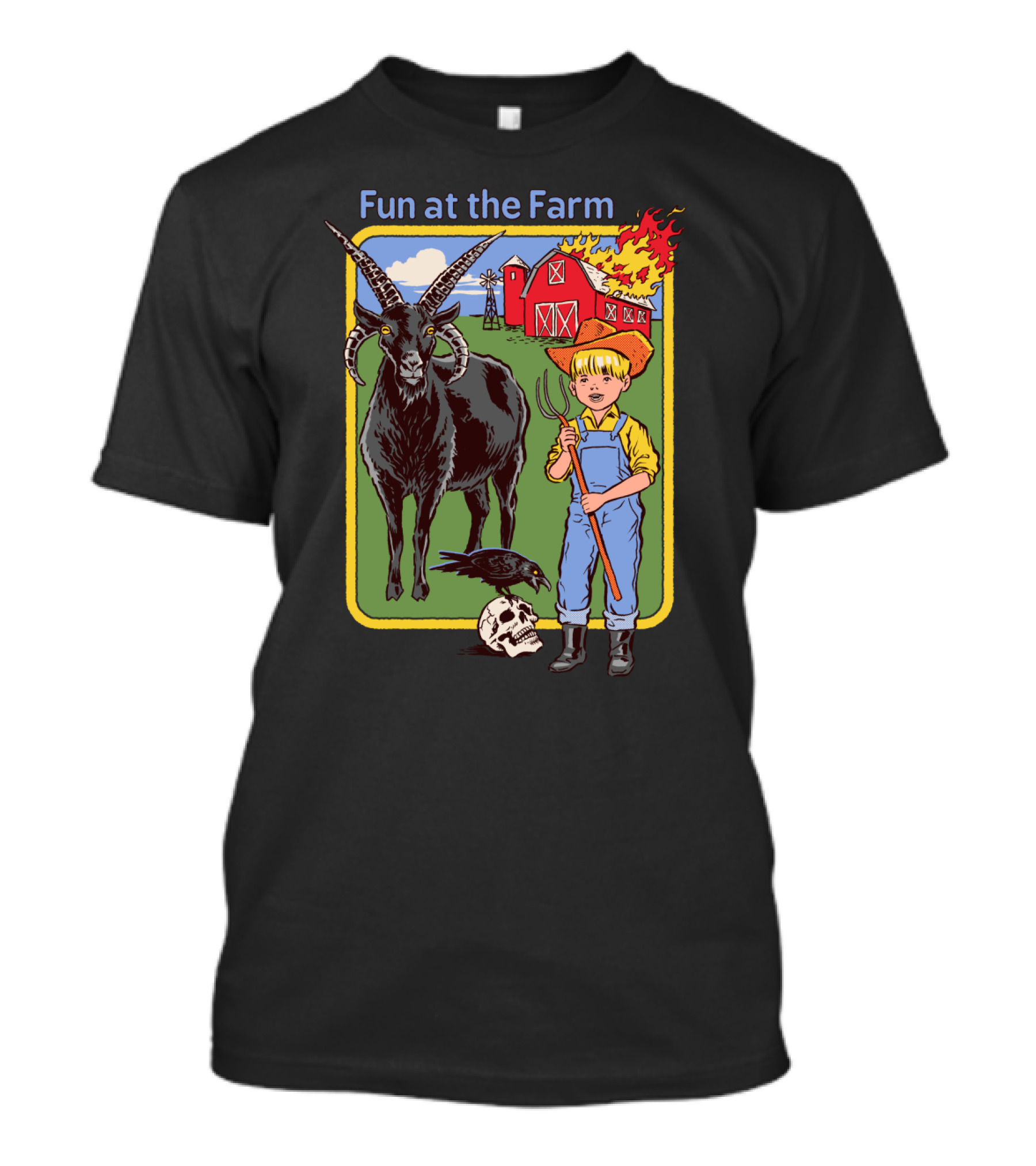 Fun At The Farm With Flaming Barn, Black Goat, Boy In Overalls, Crow, And Skull T-Shirt