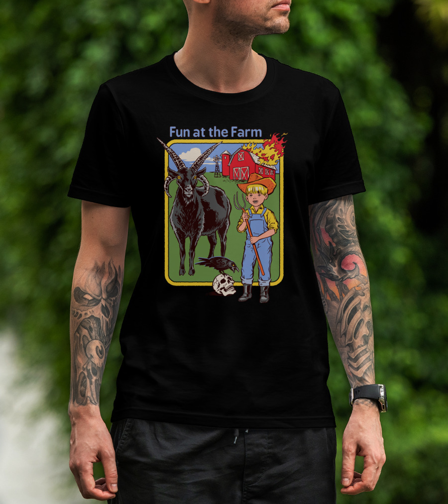 Fun At The Farm With Flaming Barn, Black Goat, Boy In Overalls, Crow, And Skull T-Shirt