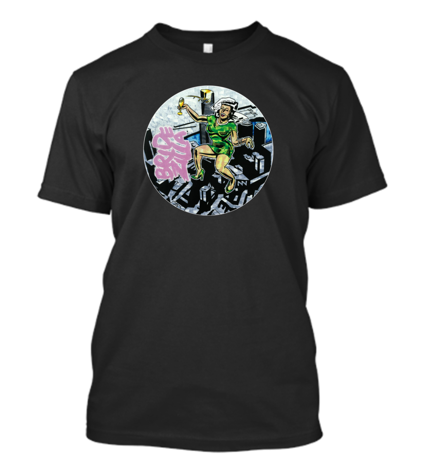 Bridezilla Rampaging Through Cityscape With Champagne And Veil T-Shirt