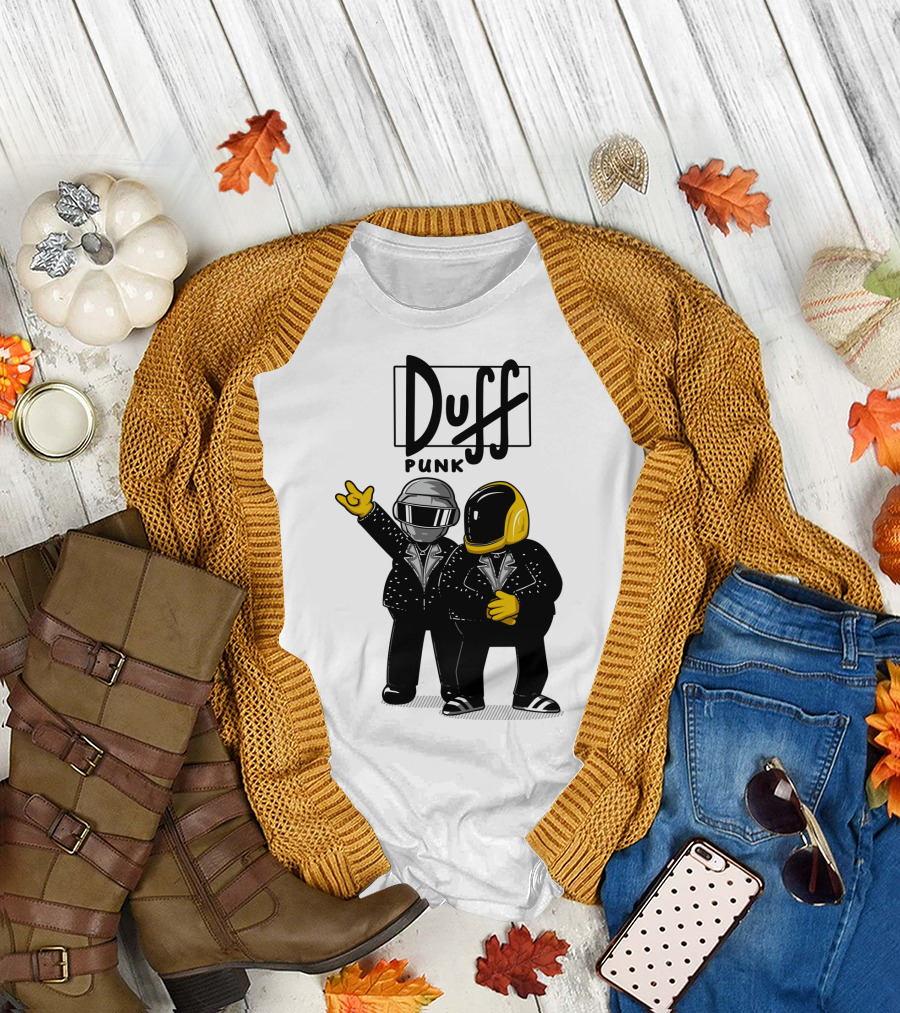 Duff Punk Daft Punk Crossover Parody with Yellow Helmets and Jackets T-Shirt