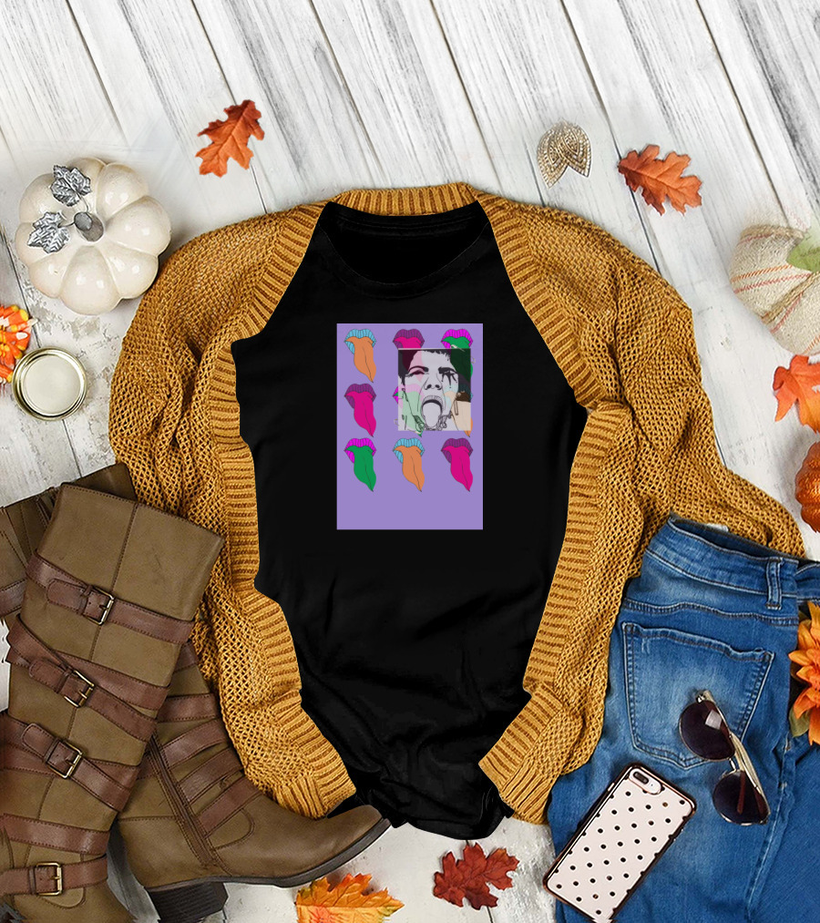 Punk Art Collage with Vibrant Lips Pattern and Graphic Facial Expression T-Shirt