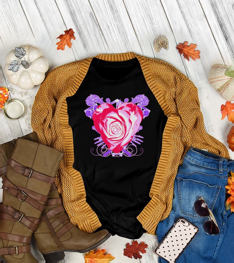 Heart Shaped Pink Rose with Purple Abstract Floral Background T-Shirt