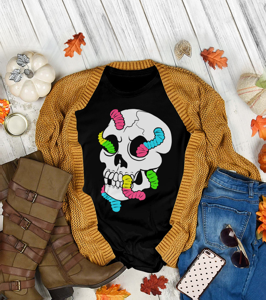 Gummy Worms Skull Neon Colors T-Shirt