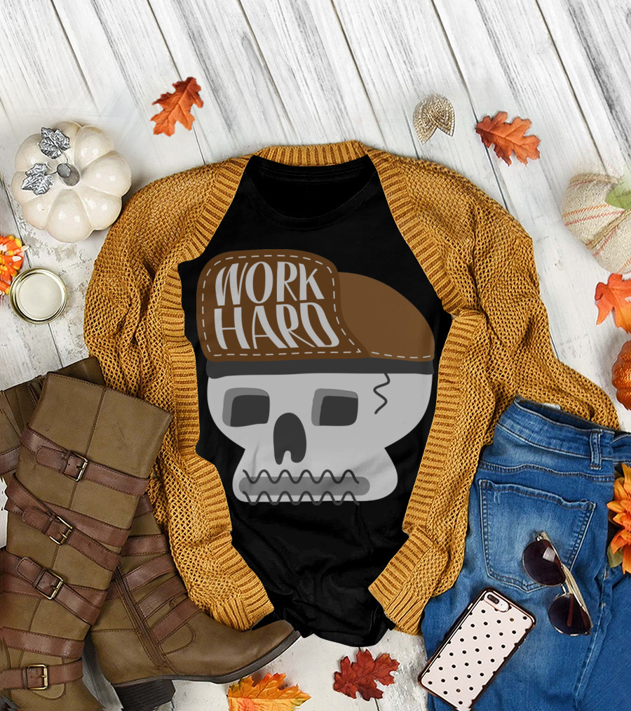 Skull with Brown Cap Featuring Work Hard T-Shirt