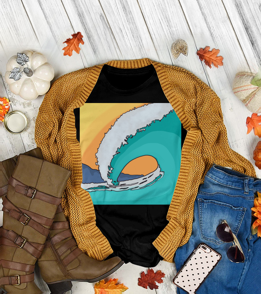 Vintage Surf Art with Retro Ocean Wave and Sunset T-Shirt