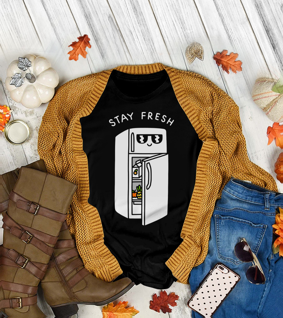 Stay Fresh Happy Refrigerator with Sunglasses and Groceries Inside T-Shirt