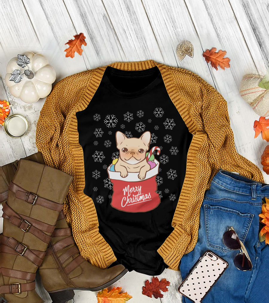 Merry Christmas Frenchie Puppy in Holiday Stocking with Candy Cane and Snowflakes T-Shirt