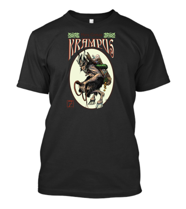 Here Comes Krampus Illustrated Fearsome Creature With Basket And Chains T-Shirt