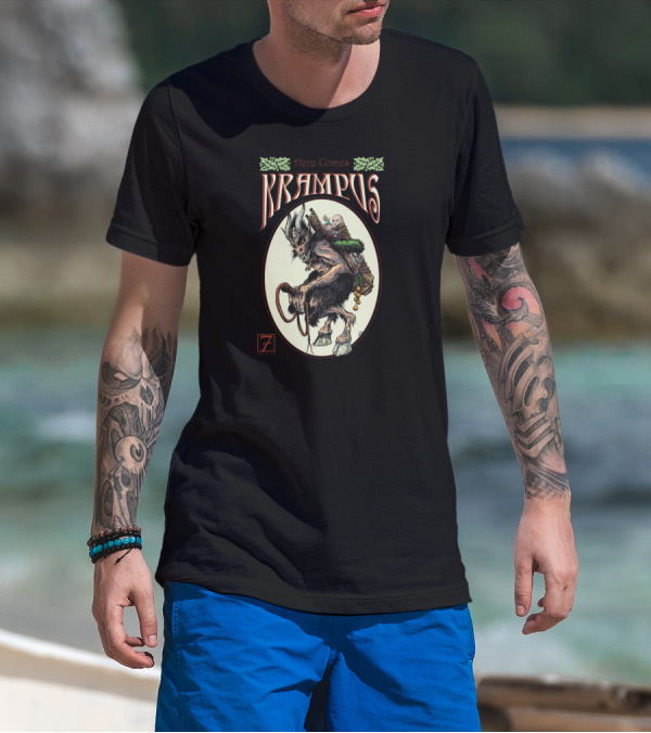 Here Comes Krampus Illustrated Fearsome Creature With Basket And Chains T-Shirt