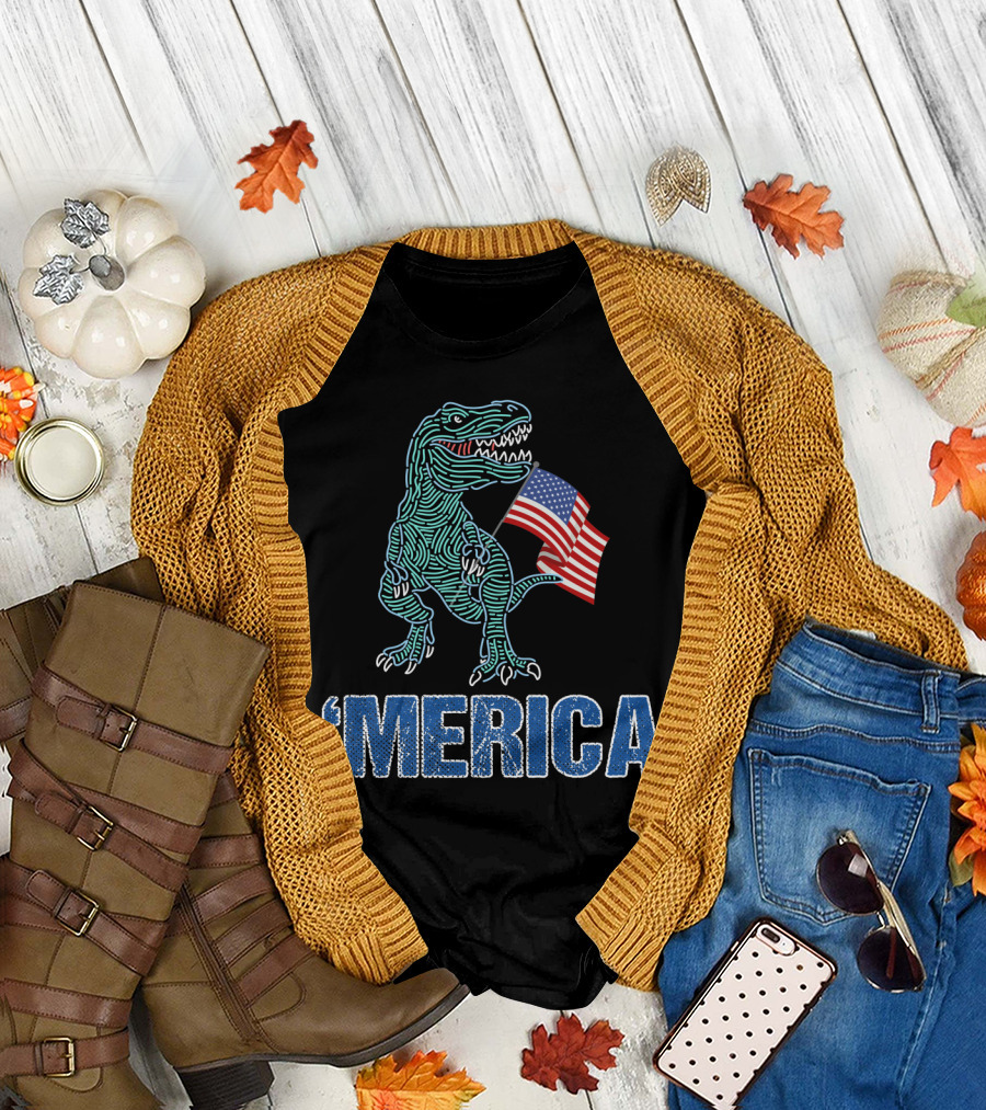 Merica T-Rex Holding American Flag Independence Day T-Shirt
