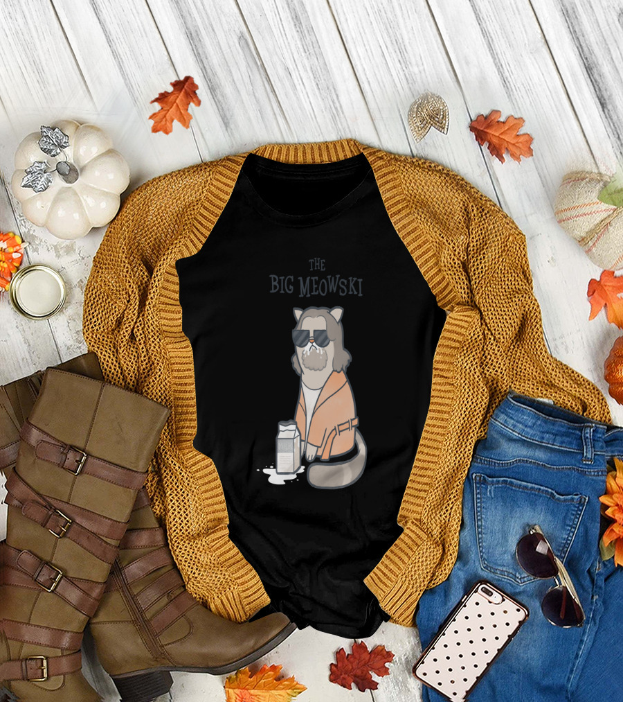 The Big Meowski Cat in Orange Robe with Milk and Sunglasses T-Shirt