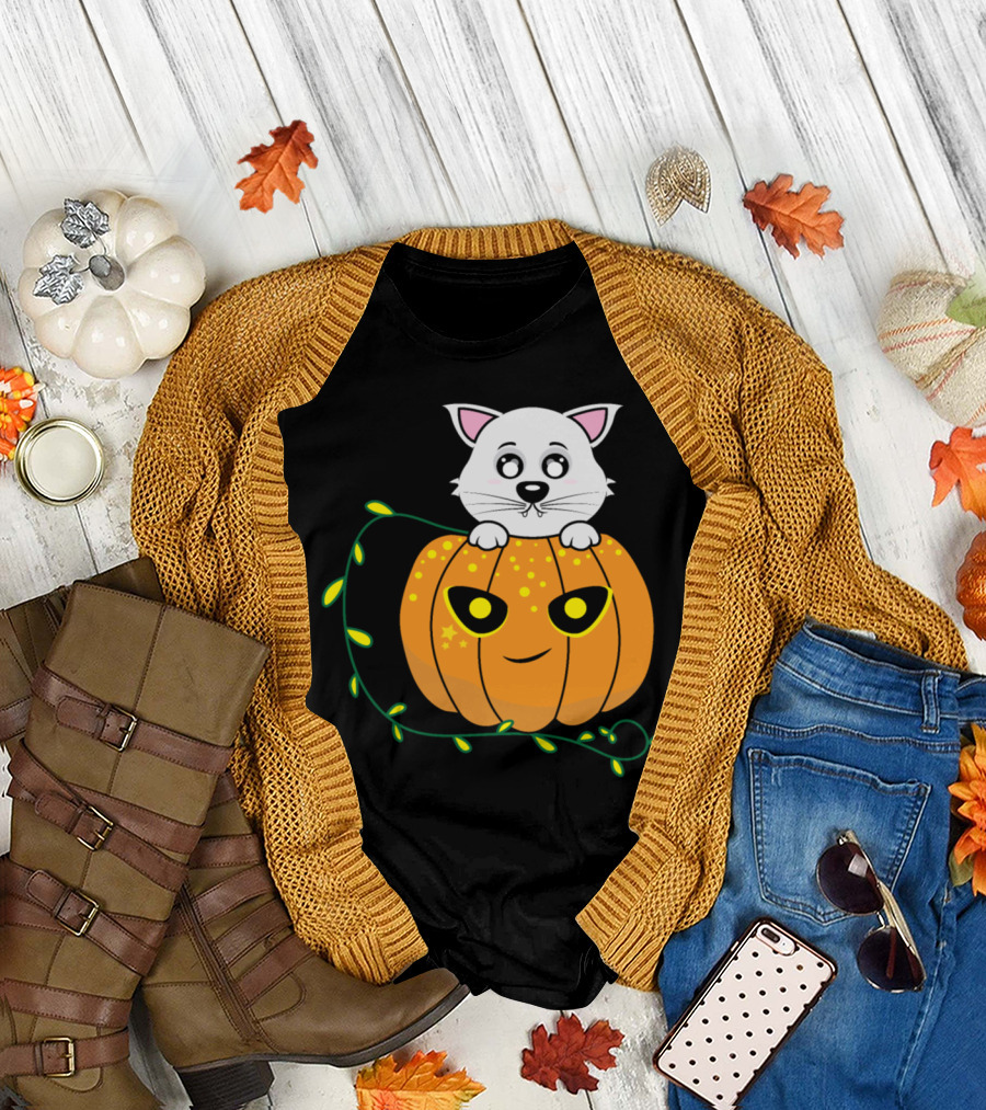 White Kitten on Glowing Pumpkin Cartoon with Leafy Vine T-Shirt