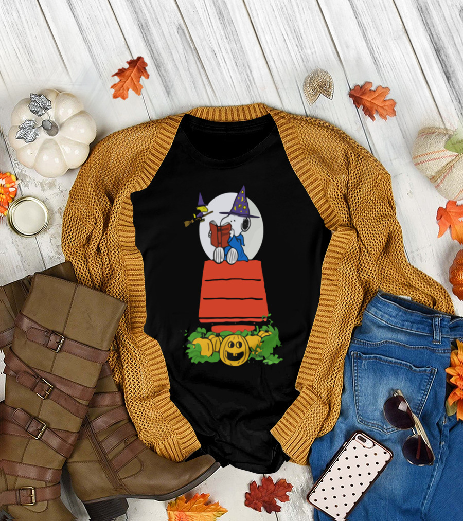 Snoopy Halloween Reading on Doghouse with Pumpkins and Moon T-Shirt
