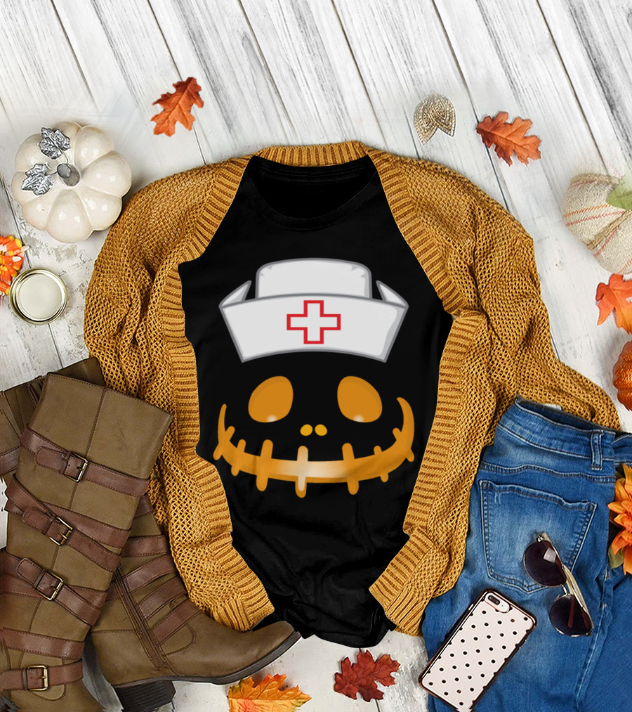 Nurse Pumpkin Face with Halloween Skeleton Mouth and Nurse Cap T-Shirt