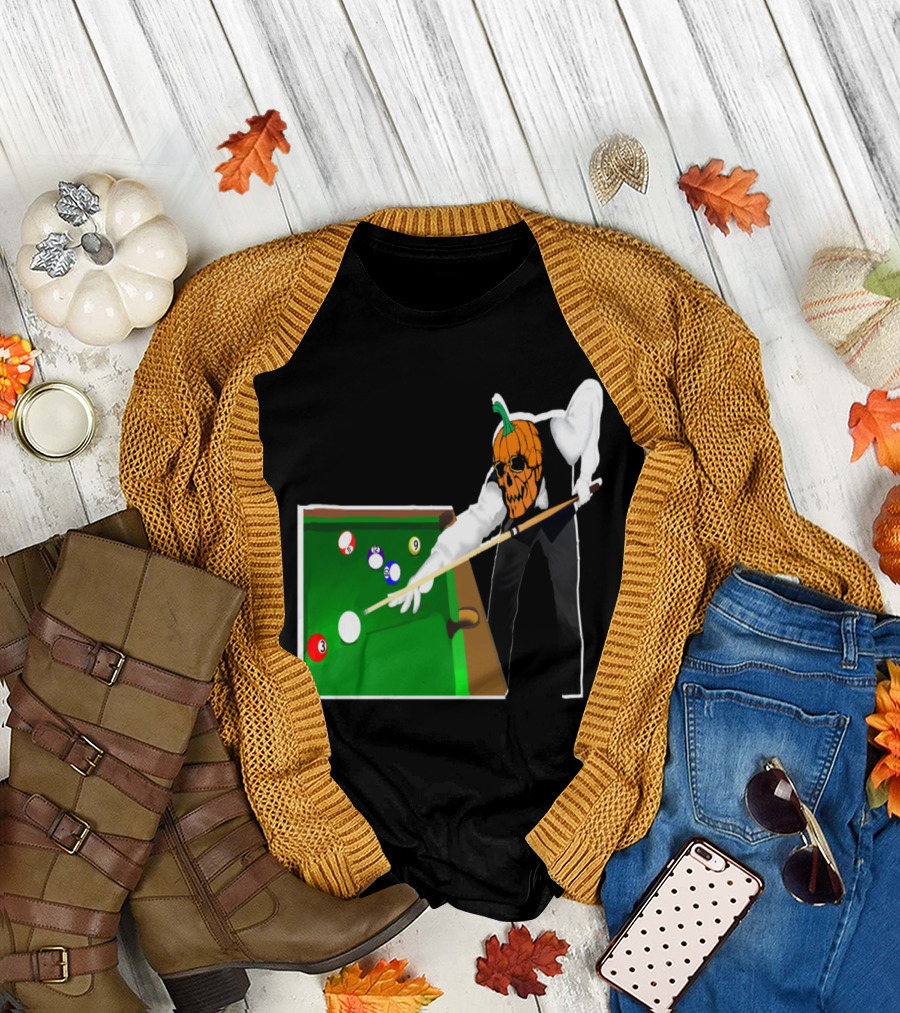 Jack-o'-Lantern Pool Player at Billiards Table T-Shirt