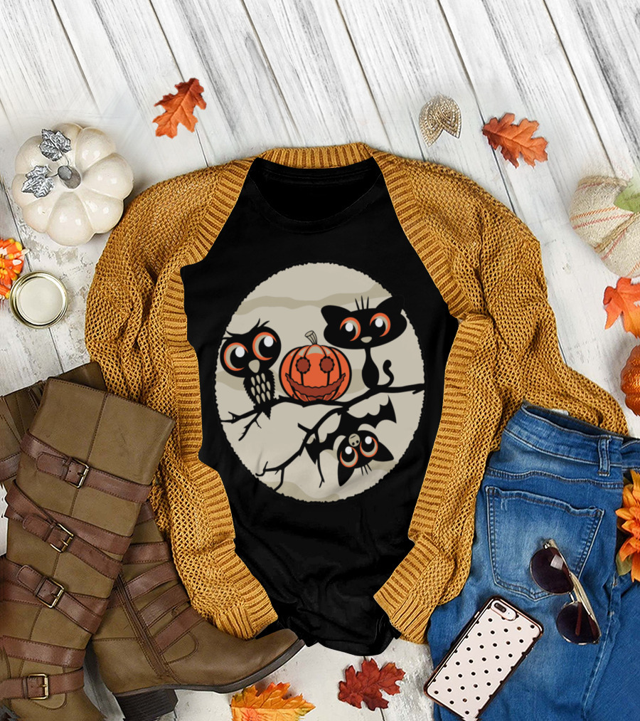 Cartoon Owls Cats and Bats Gathered Around Pumpkin T-Shirt