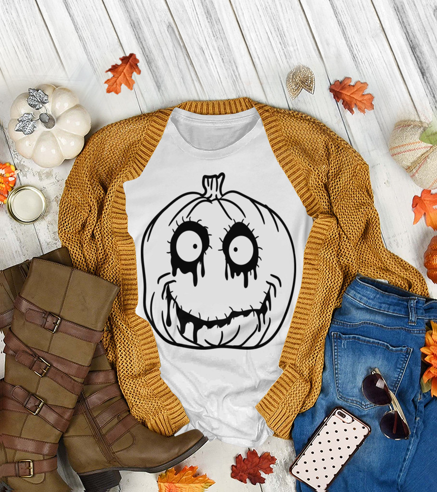 Dripping Eyes Monster Pumpkin Halloween Face T-Shirt