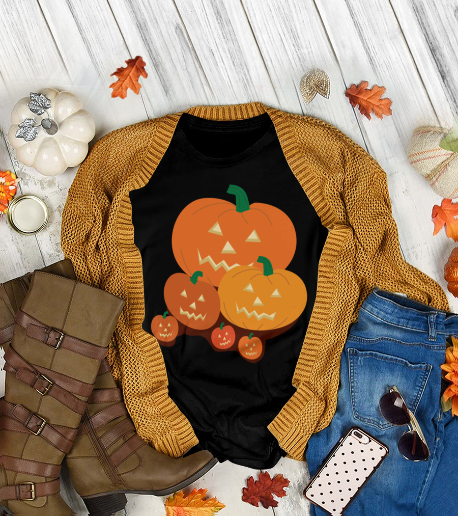 Jack-O’-Lantern Halloween Pumpkins Smiling Faces with Green Stems T-Shirt