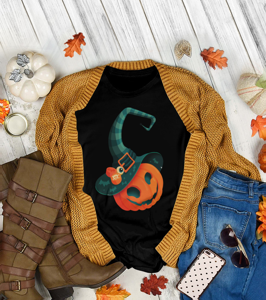 Pumpkin Witch with Green Plaid Hat and Orange Buckle T-Shirt