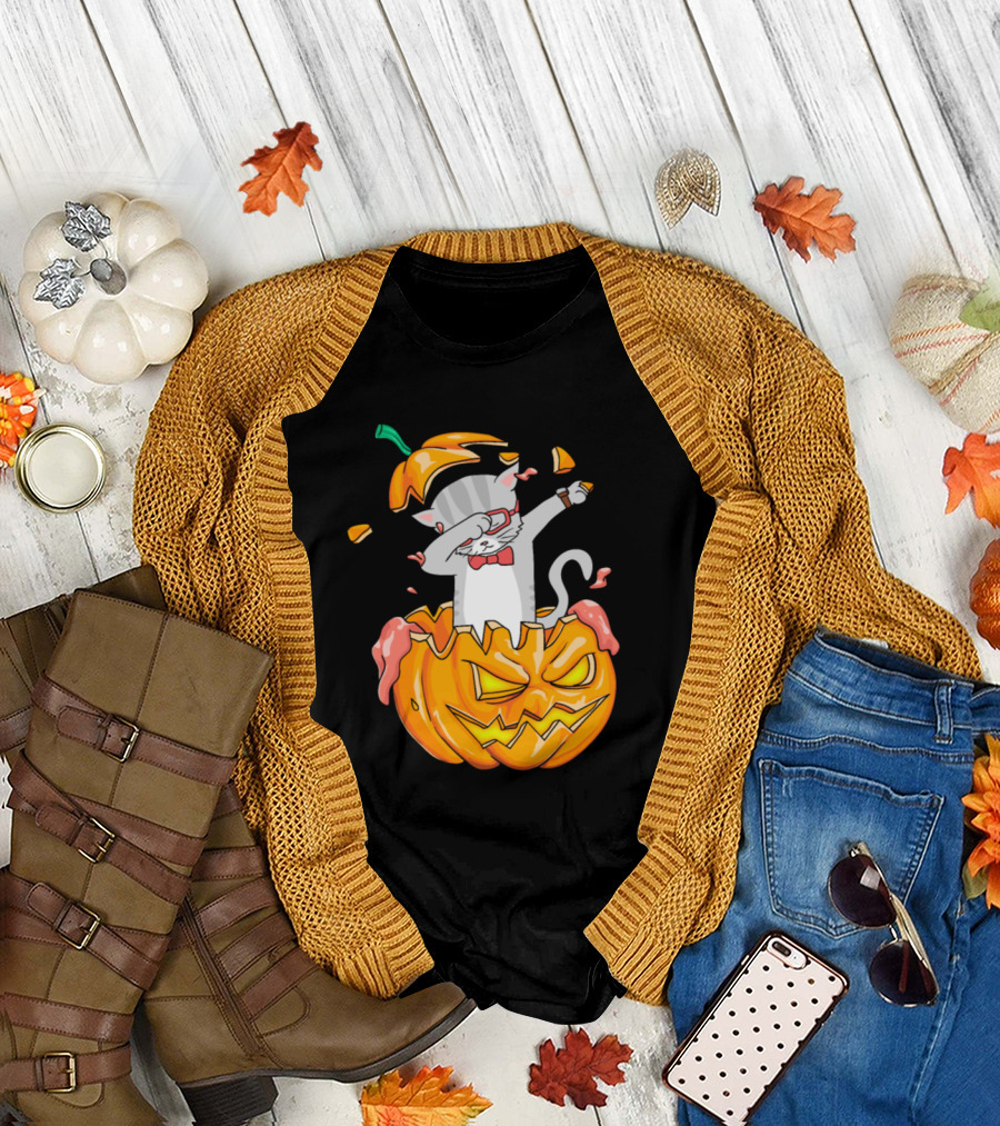 Halloween Pumpkin Cat Dab Kitten Dabbing in Jack-O'-Lantern T-Shirt
