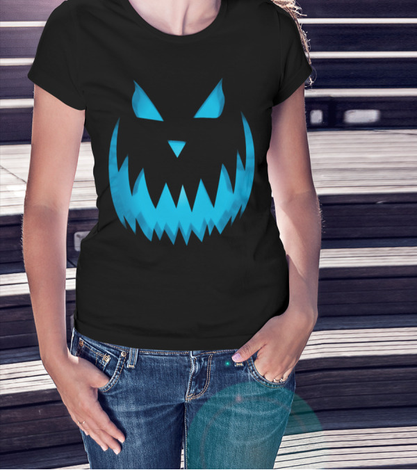 Halloween Scary Evil Blue Glow Pumpkin Face Jack O Lantern T-Shirt