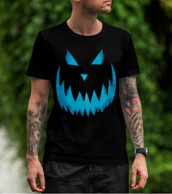Halloween Scary Evil Blue Glow Pumpkin Face Jack O Lantern T-Shirt