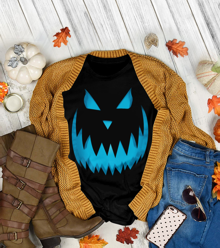 Halloween Scary Evil Blue Glow Pumpkin Face Jack O Lantern T-Shirt