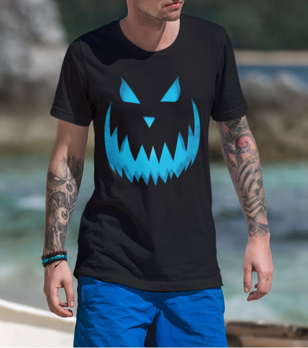 Halloween Scary Evil Blue Glow Pumpkin Face Jack O Lantern T-Shirt