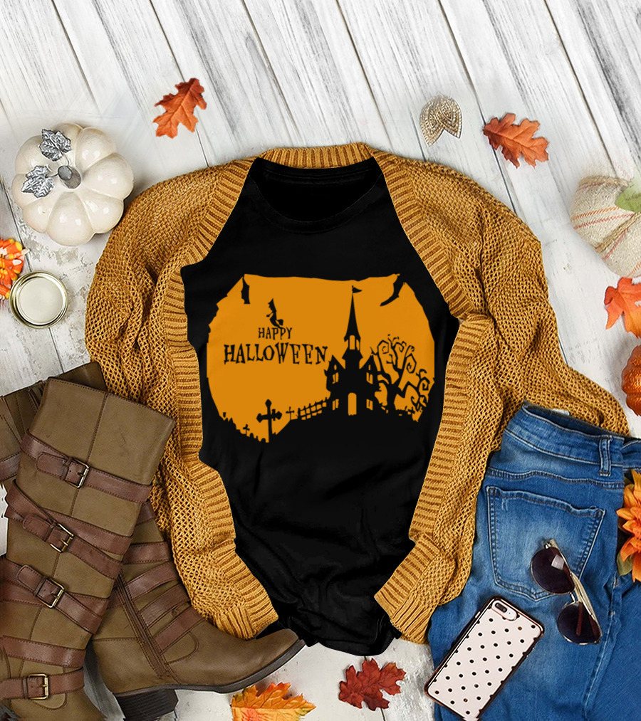 Happy Halloween Haunted House Silhouette with Witch and Bats T-Shirt