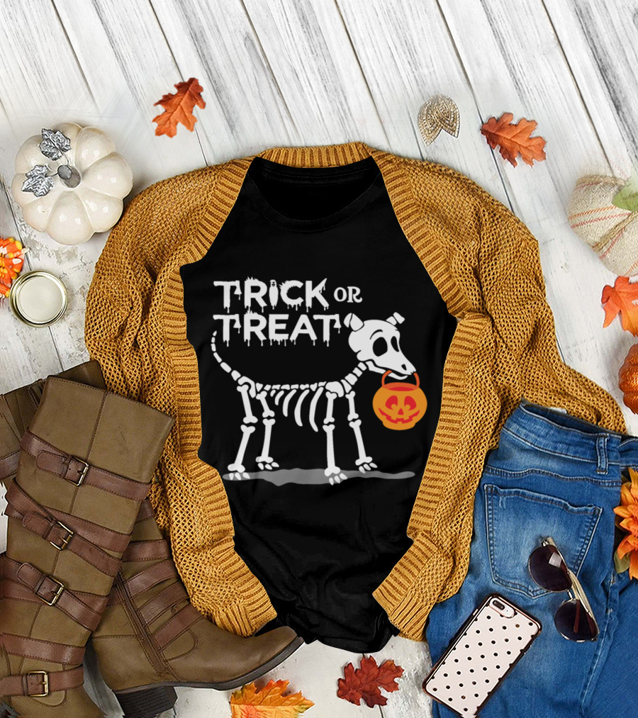 Trick or Treat Skeleton Dog with Pumpkin Basket T-Shirt