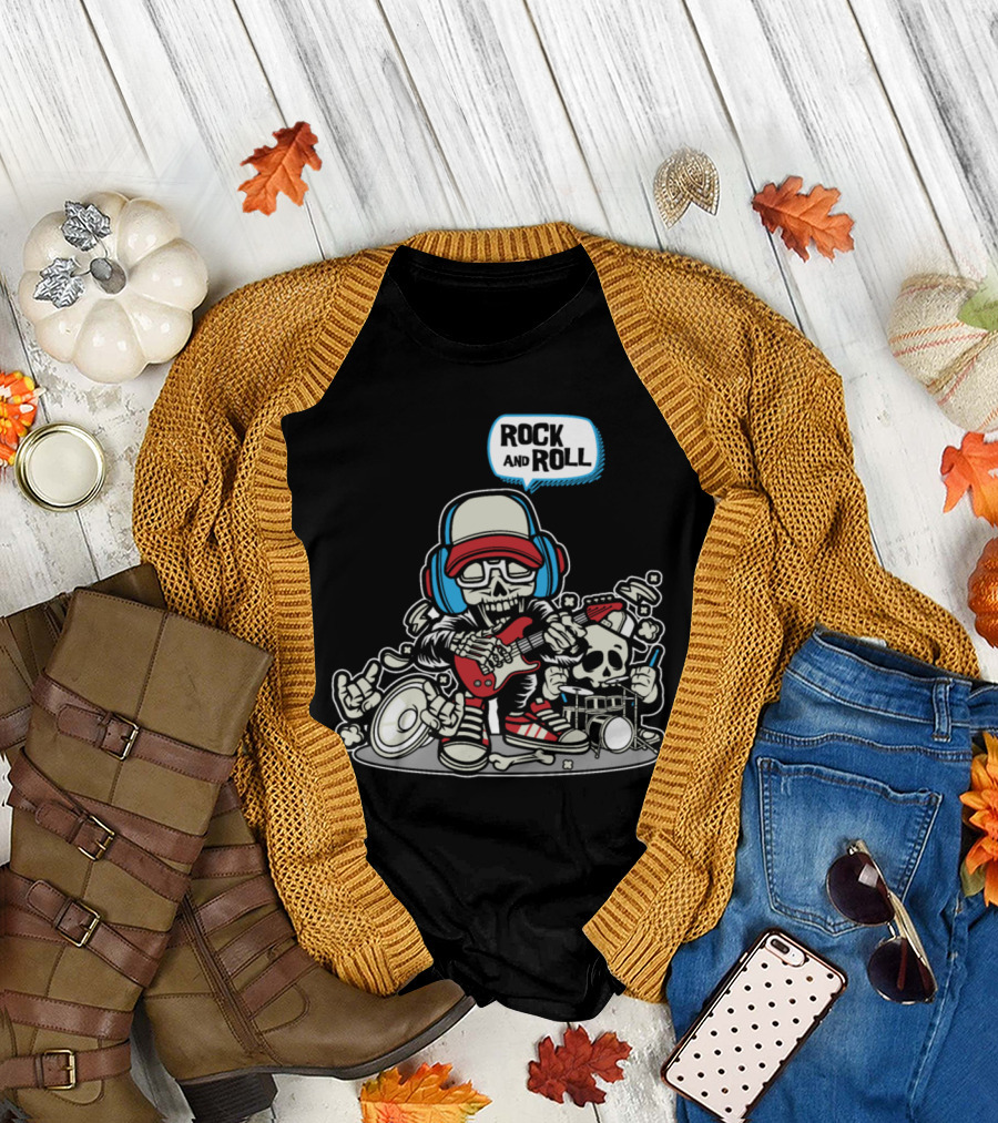 Rock and Roll Skeleton Playing Guitar with Drums and Headphones T-Shirt