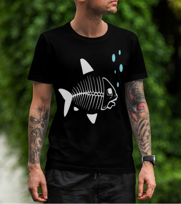 Fish Skeleton Black Design With Bubbles T-Shirt