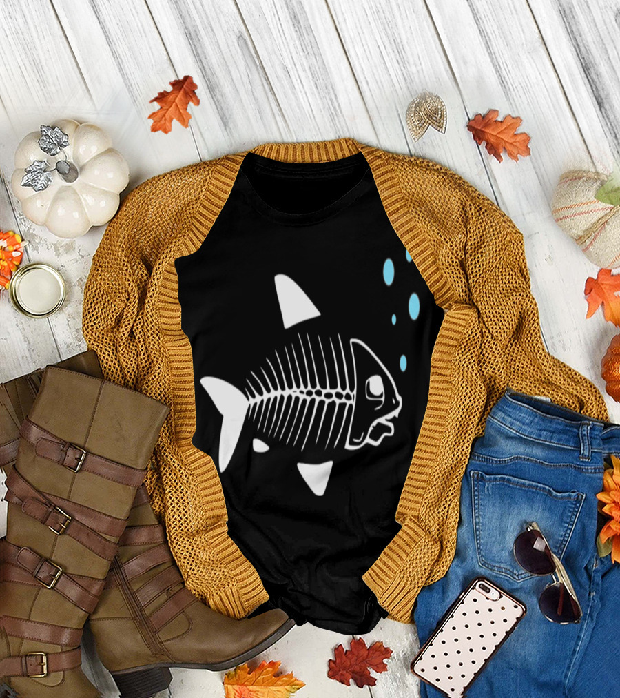 Fish Skeleton Black Design with Bubbles T-Shirt