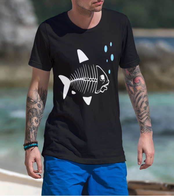 Fish Skeleton Black Design With Bubbles T-Shirt