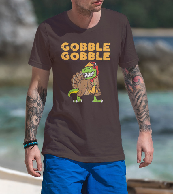 Gobble Gobble T-Rex Dinosaur Turkey Holding Pumpkin T-Shirt