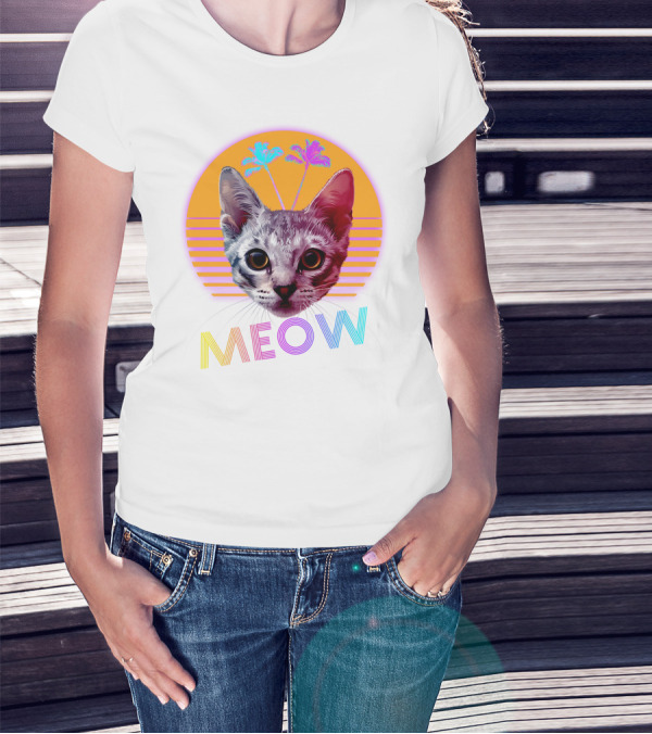 Retro Meow Cat With Palm Trees And Sunset Stripes T-Shirt