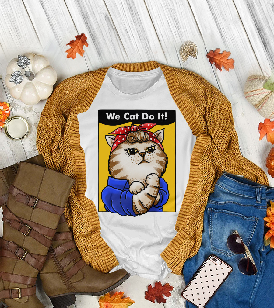 We Cat Do It Humorous Cat with Red Polka Dot Bandana and Blue T-Shirt