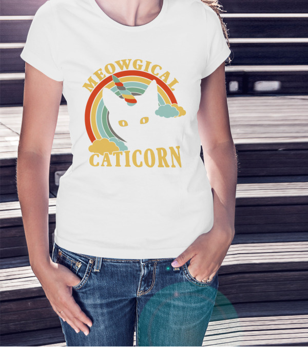 Meowgical Caticorn Rainbow Unicorn Cat T-Shirt