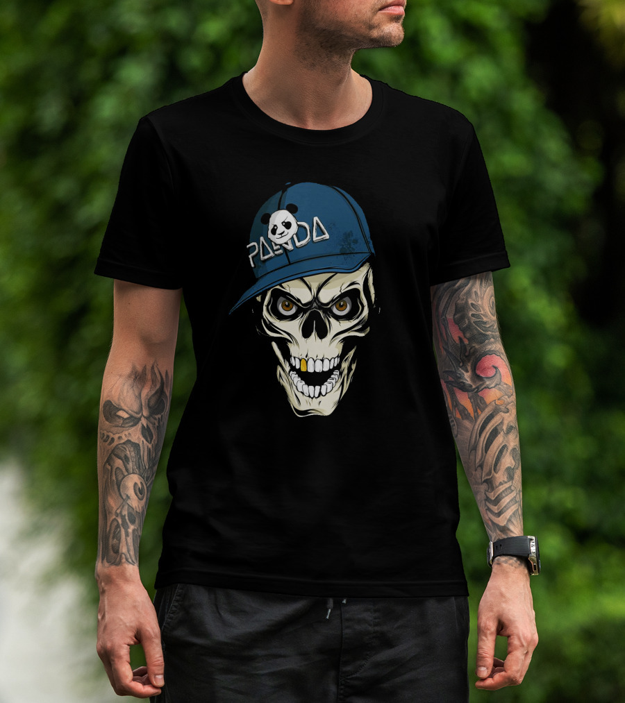 Skull Panda Blue Hat Grinning Face With Panda T-Shirt