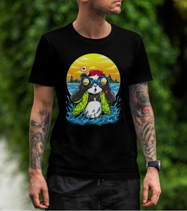 Summer Panda Beach Adventure With Binoculars And Heart T-Shirt