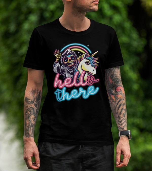 Hello There Grim Reaper And Unicorn Neon Rainbow T-Shirt