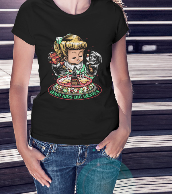 Good Kids Dig Graves Devil And Grim Reaper Cake Scene T-Shirt