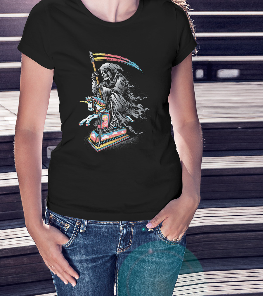 Death Riding Rainbow Scythe Unicorn Carousel Coin-Op T-Shirt