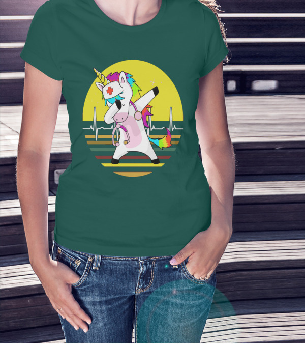 Unicorn Nurse Dabbing With Rainbow Stethoscope And Heartbeat Background T-Shirt