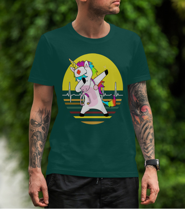 Unicorn Nurse Dabbing With Rainbow Stethoscope And Heartbeat Background T-Shirt