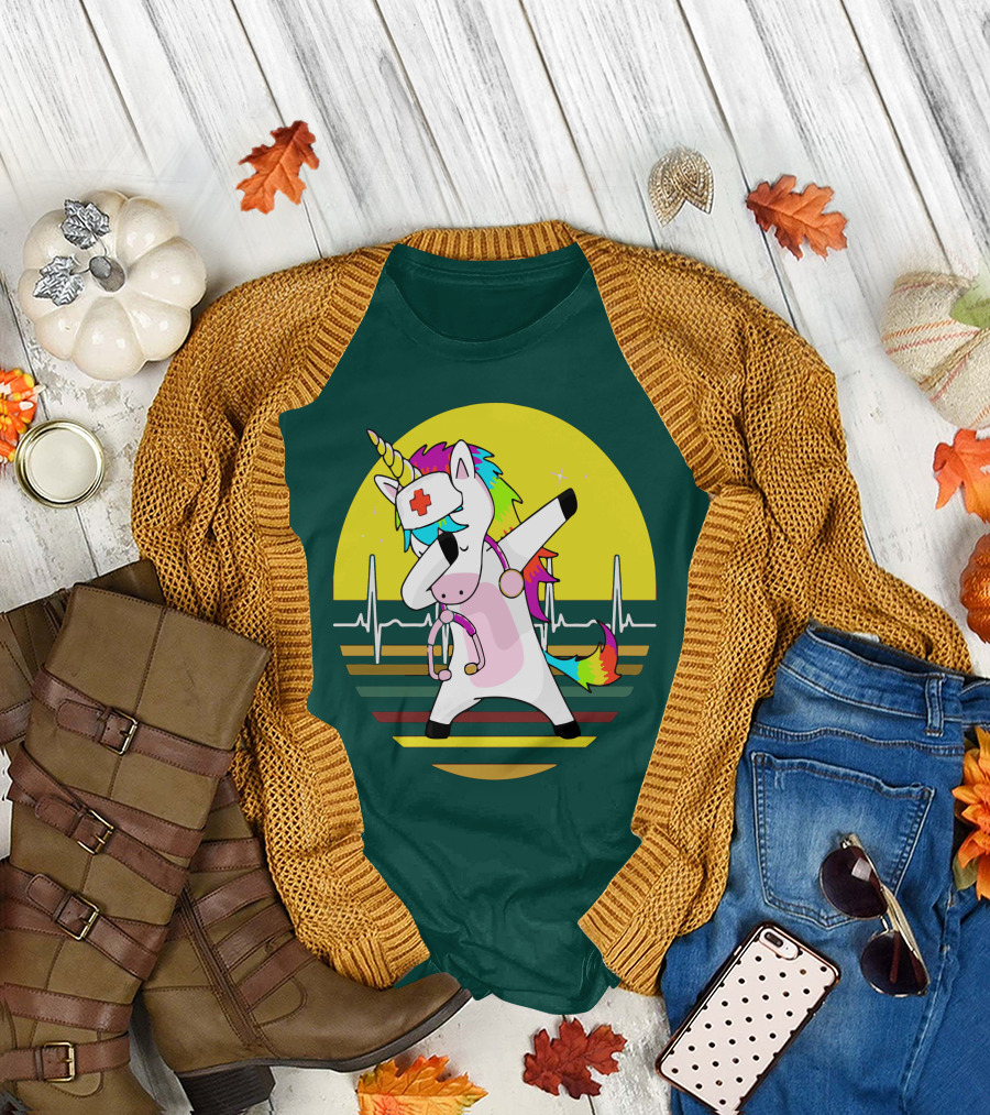 Unicorn Nurse Dabbing with Rainbow Stethoscope and Heartbeat Background T-Shirt