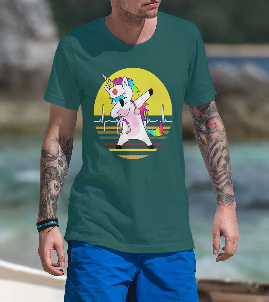 Unicorn Nurse Dabbing With Rainbow Stethoscope And Heartbeat Background T-Shirt