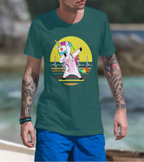 Unicorn Nurse Dabbing With Rainbow Stethoscope And Heartbeat Background T-Shirt