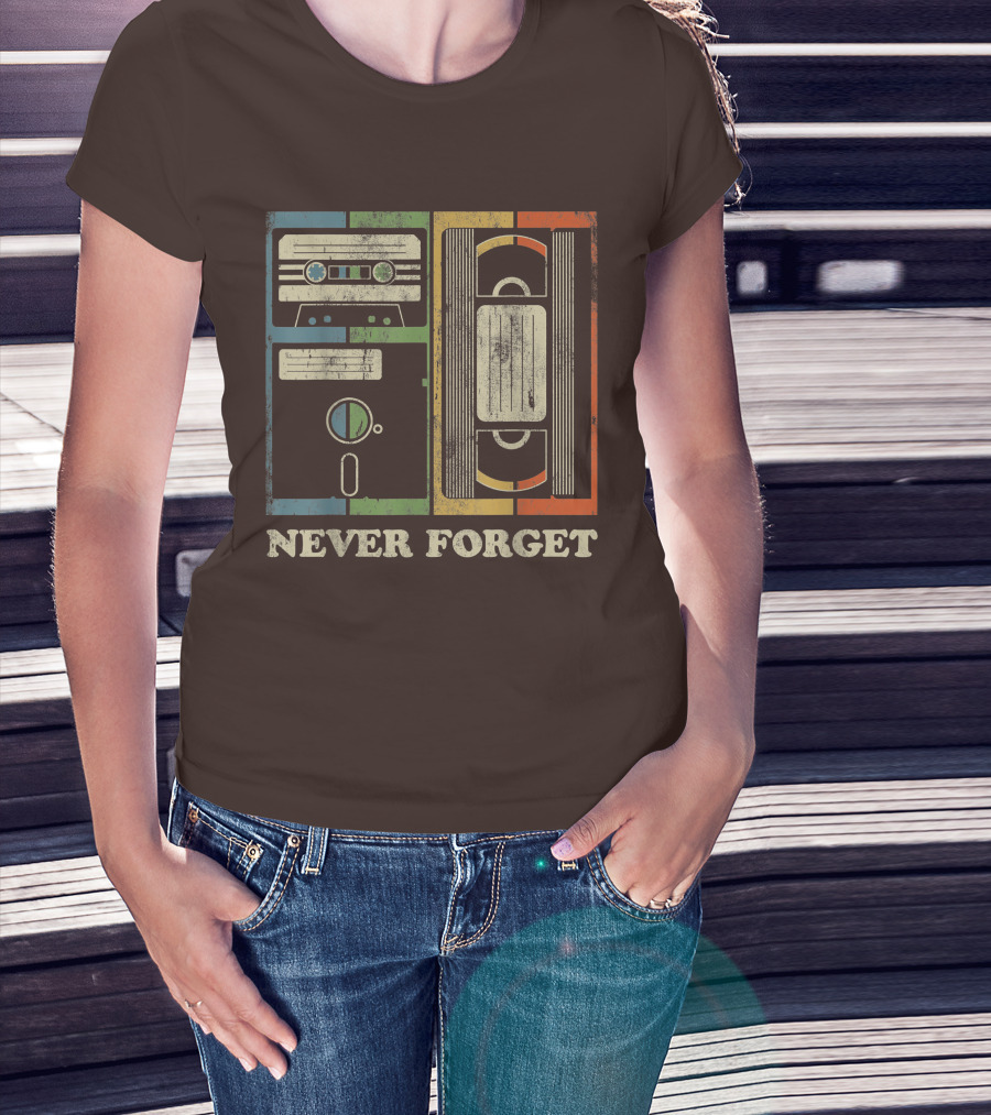 Never Forget Retro Vintage Cassette Floppy VHS Cool Funny Geeky Nerdy T-Shirt